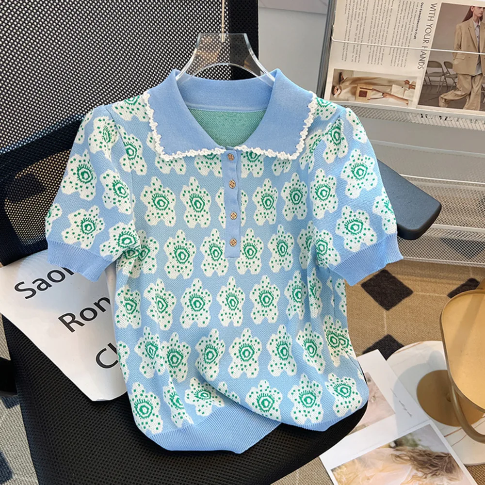 Повседневный пуловер с воротником-поло трикотажная одежда принтом Свободный Топ