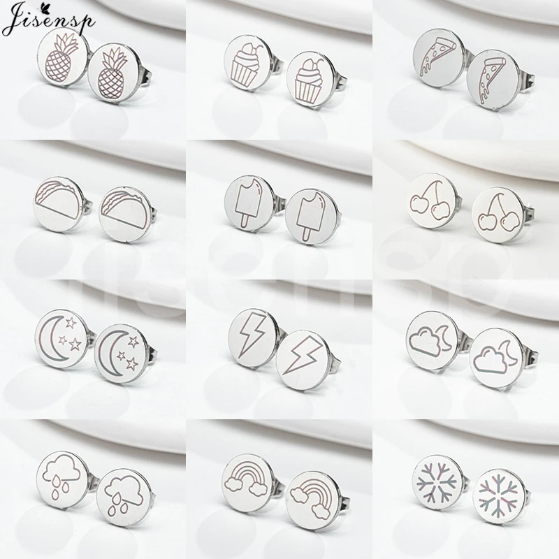 

Mini Round Shape Stainless Steel Stud Earrings for Children Jewelry Unique Cloud Rain Lightning Earing Star Moon Studs Oorbellen