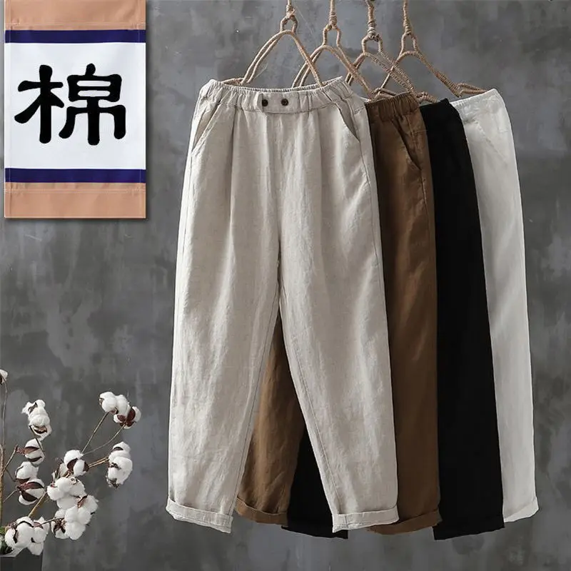 

Брюки женские из 2022 хлопка и льна, однотонные шаровары с эластичным поясом, Свободные повседневные льняные штаны, большие размеры, весна-лето