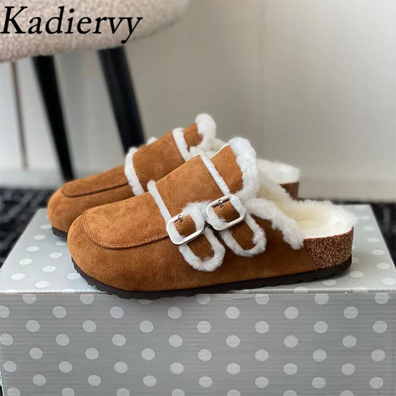 Женские замшевые шлепанцы круглый носок металлическая пряжка сланцы шерстяная