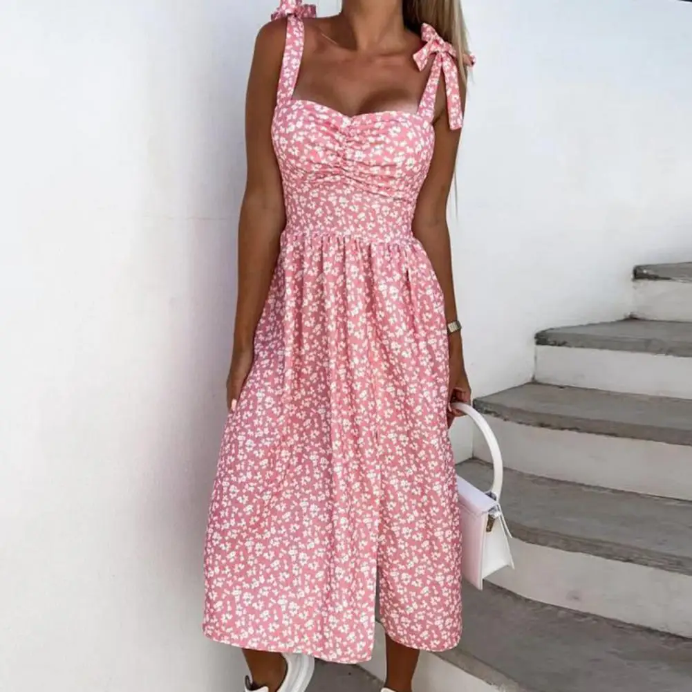 

Summer Boho Dress Square Neck Sleeveless Colorful Flower Print Sexy Backless Split Midi Dress Holiday Clothes Beach Dress
