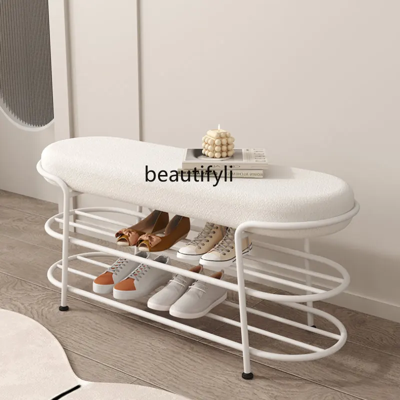 

yj Nordic Home Soft Bag Shoe Changing Stool Home Doorway Footstool Lambswool Cream Color Storage Bench