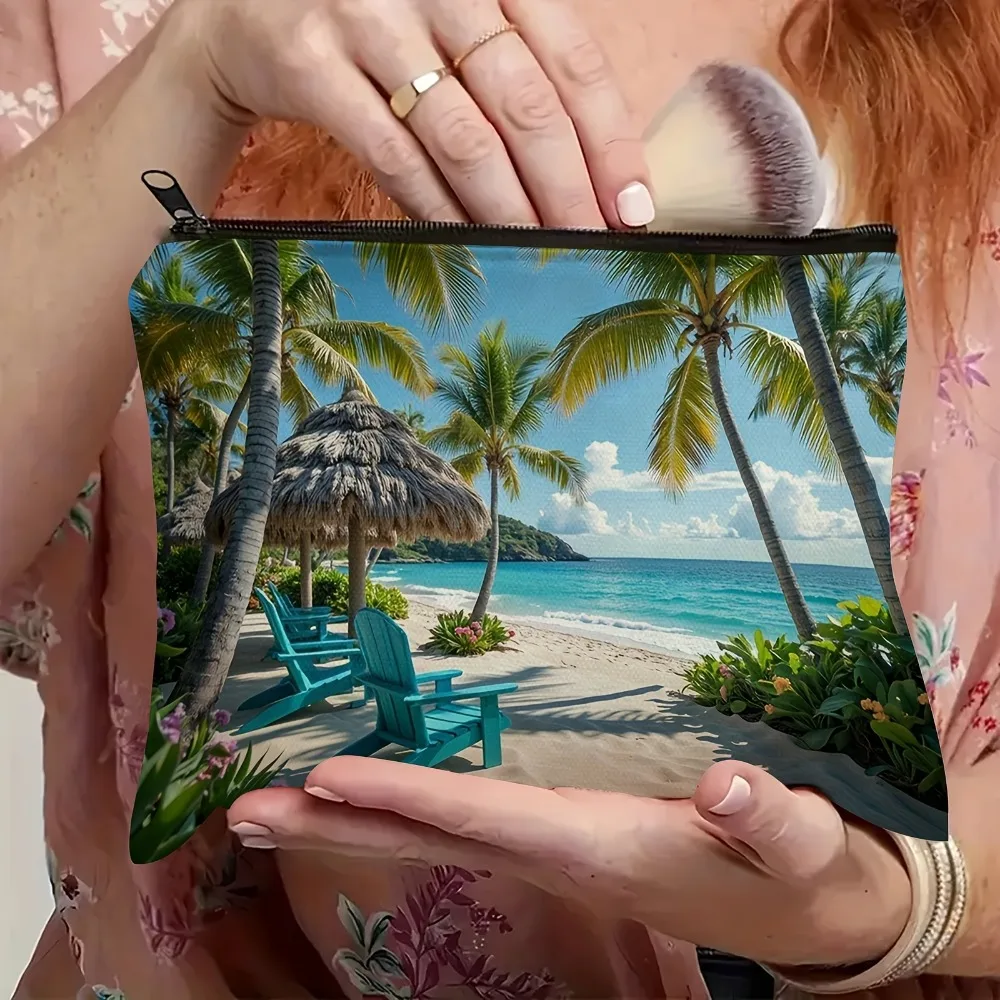 Фото Двусторонняя льняная косметичка Tropical Beach с дизайном пальм и бирюзового океана, дорожная сумка для туалетных принадлежностей, легкая и прочная №3