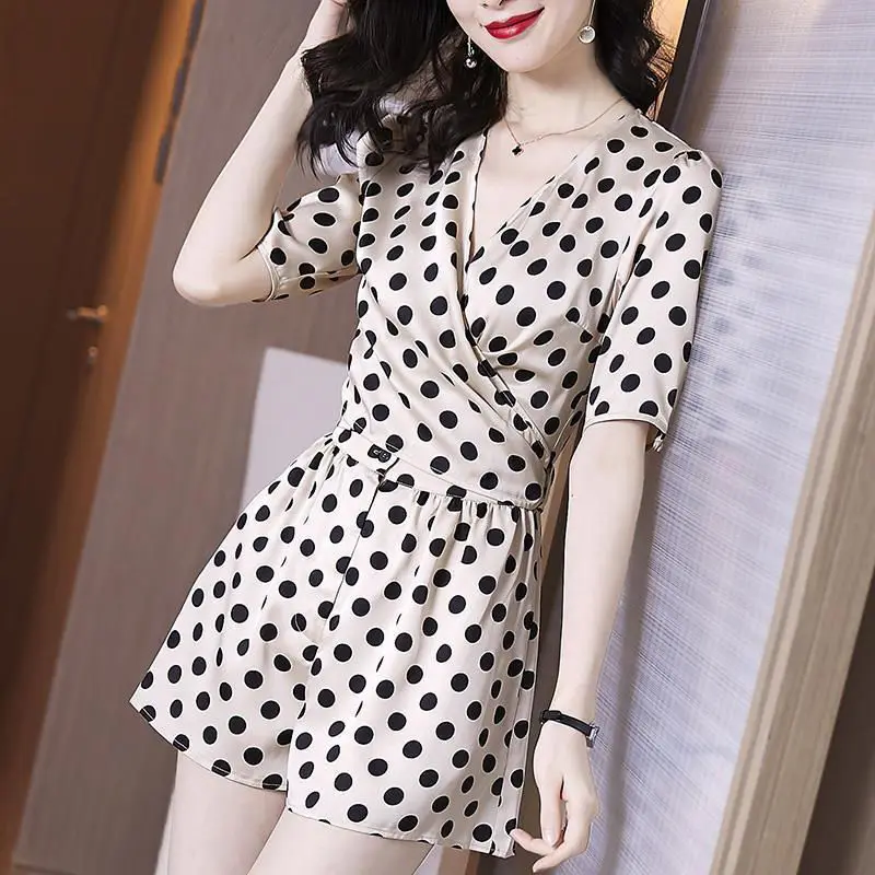 

Women 2022 Summer Elegant Polka Dots V Neck Jumpsuit Fashion Short Sleeve Playsuit Lady Casual High Waist Wide Leg Bodysuit I73