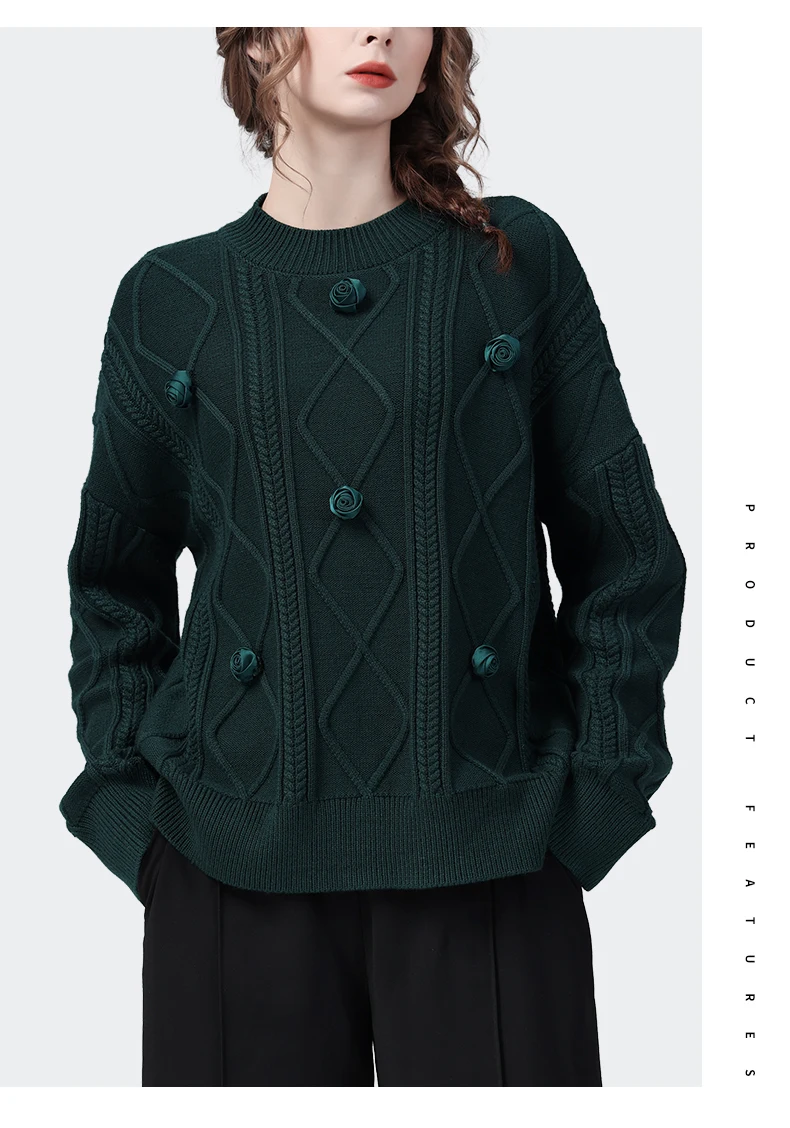 Women' Dark Green Roses Decoration Long Sleeve Knitted Sweater Loose-fitting O-Neck Fall Winter Outwear Female Pullovers top images - 6