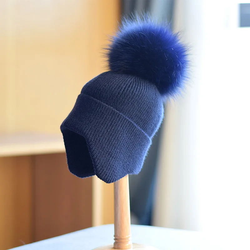 

Women's hats, winter earmuffs, knitted real plush pompom caps, autumn and winter warmth, ski accessories, youth outdoor