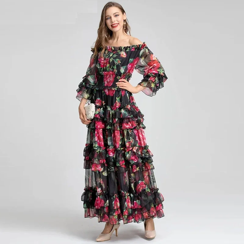 

New Fashion Designer Autumn Women's Bohemian Vacation Vintage Flower Print Cascading Ruffle Elegant Dresses