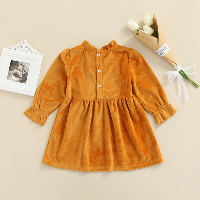 

Baby Girl Dress Long Sleeve Ruffle Neck Solid Color Ruffle A-Lined Loose Casual Party Fall Princess Gold Velvet Pleated Dress