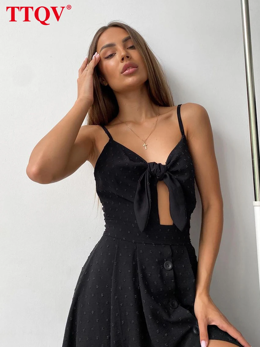 

TTQV Casual Strap Black Women'S Dress 2022 Sexy Sleeveless Backelss Midi Dresses Lady Elegant Slim Hollow Out Slit Summer Dress