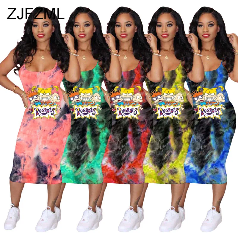 

Cartoon Character Summer Slim Fit Sundress Women Spaghetti Strap Sleeveless Bandage Dress Casual High Waist Backless Midi Dress