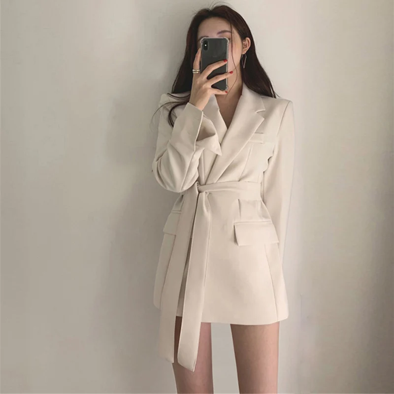 2021 Women British Style Elegant Black Beige Blazer Coat Long Outwear Jacket Sashes Fall OL Korean New Fashion Solid Blazers