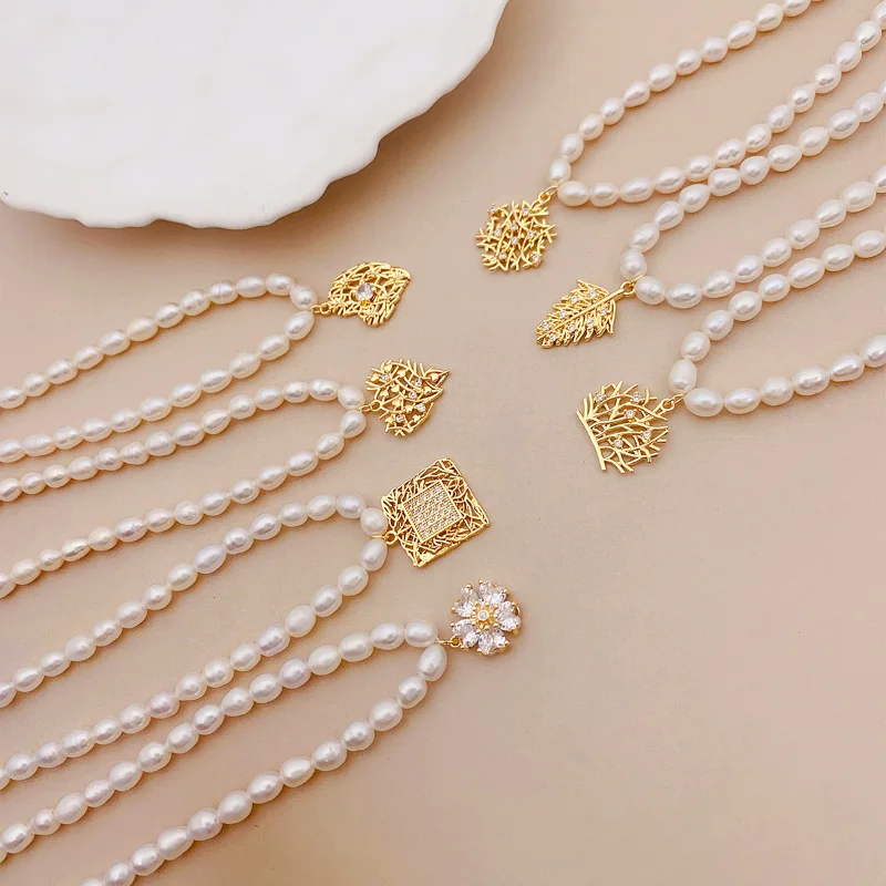 

Minar Elegant Multiple Freshwater Pearl Chokers Necklaces Women Gold Brass Zircon Hollow Leaves Heart Flower Pendant Necklace