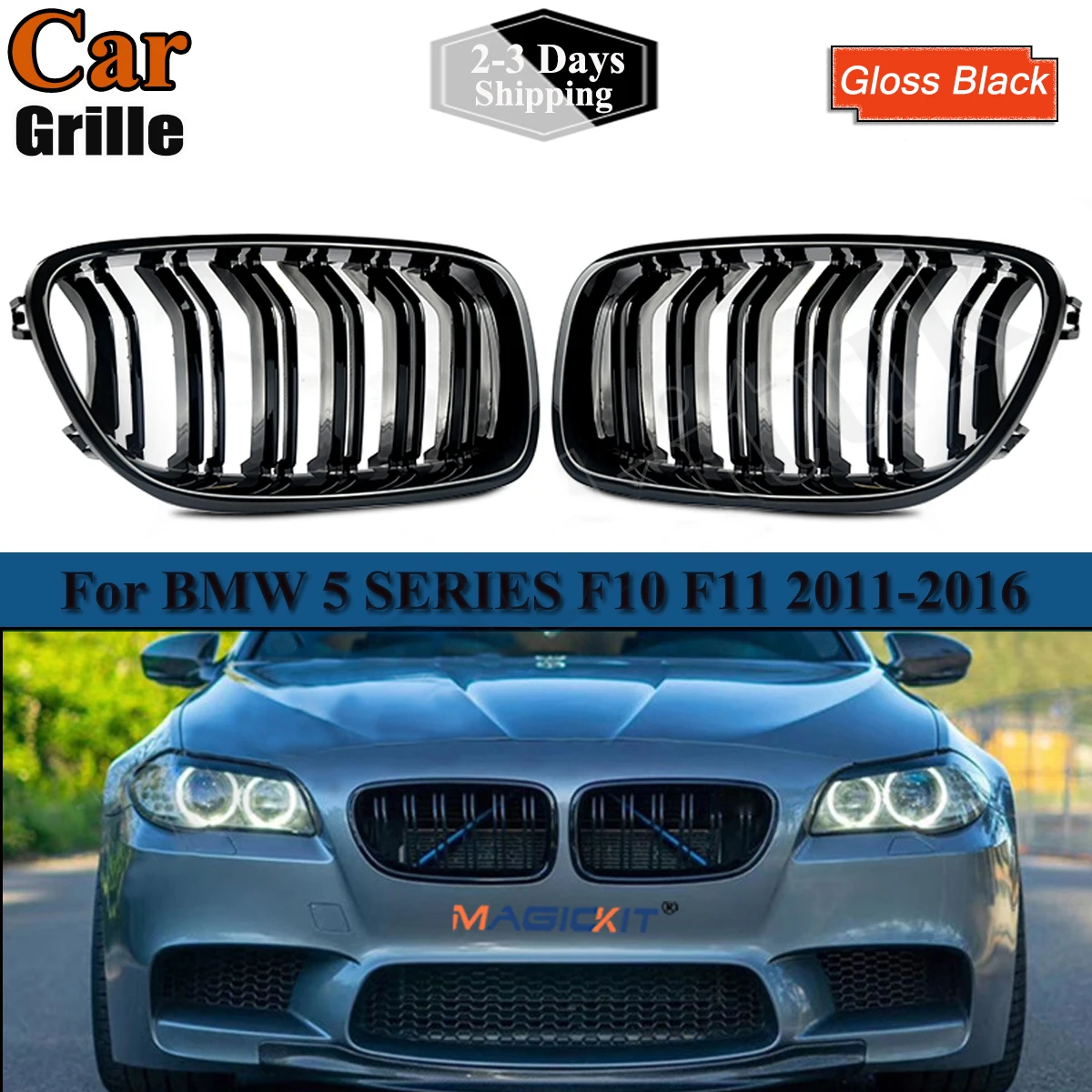 Gloss Black For BMW 5 Series F10 F11 M5 Front Bumper Grills Double 2010-2016 Wide Kidney Grille 520d 530d 540i 528i 535i