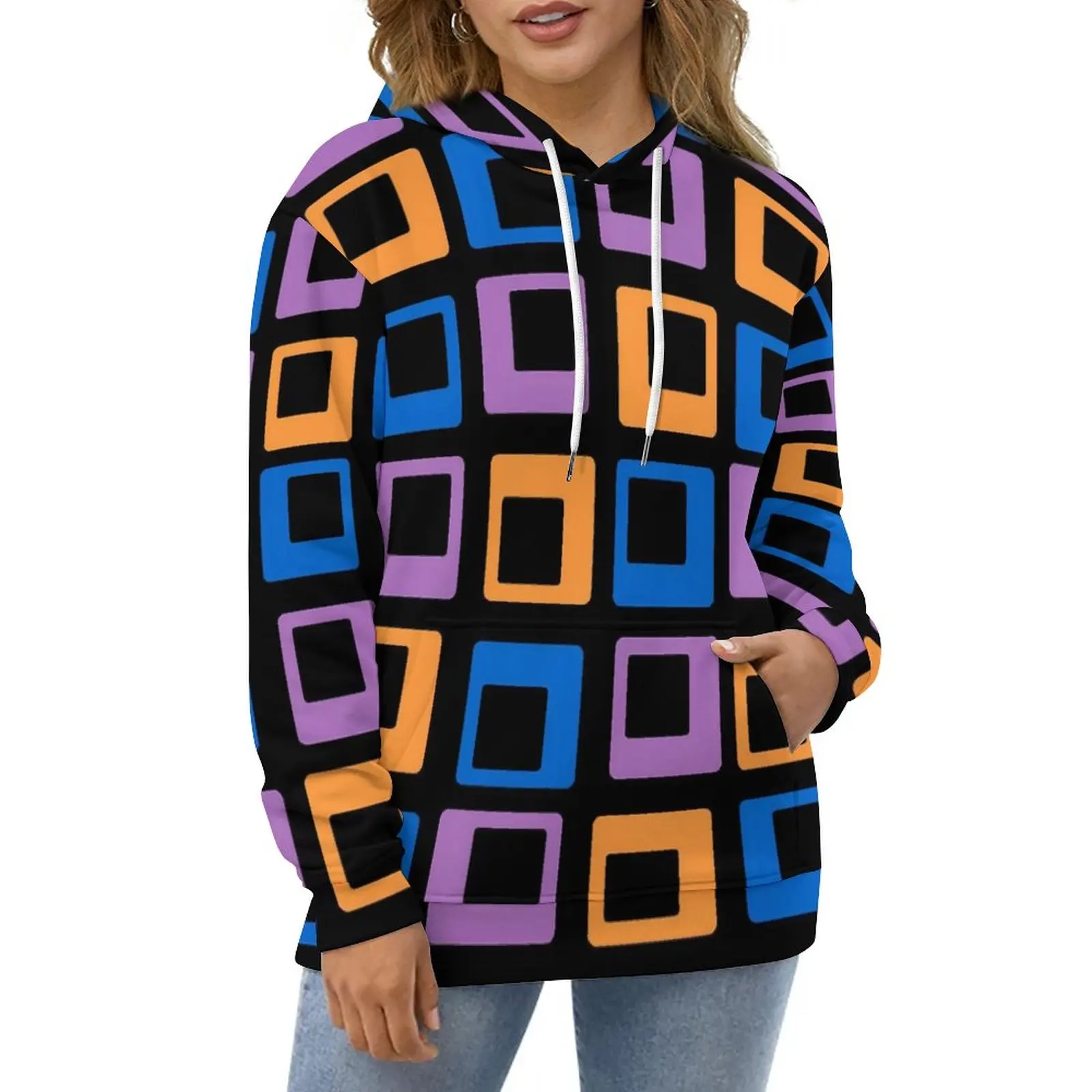 

Retro Square Print Hoodies Winter Vintage Print Hip Hop Oversized Hoodie Couple Long-Sleeve Cute Design Casual Sweatshirts