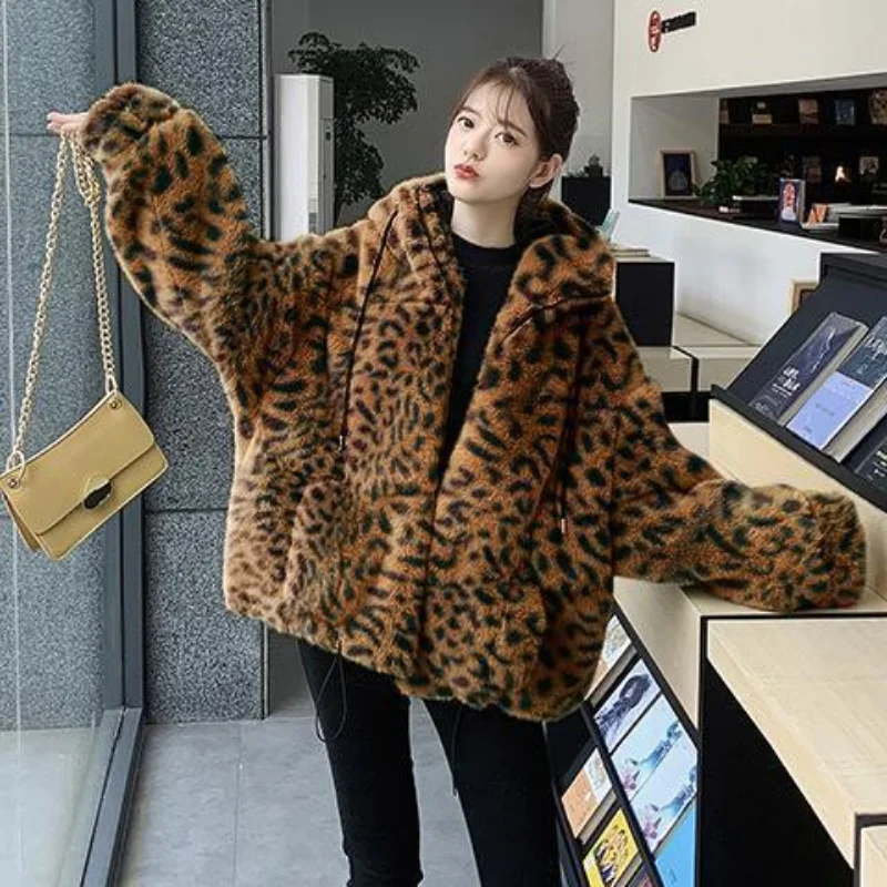 New Autumn and Winter Leopard Print Sweater Faux Fur Coat Women's Loose Imitation Mink Velvet Casual Plush
