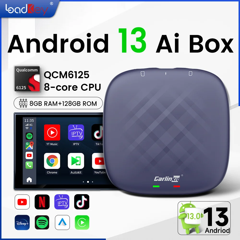 

2023 LoadKey Car Ai Box Android 13.0 Wireless CarPlay Android Auto Adapter QCM6125 8G+128G Plug and Play Youtube TikTok New Sale