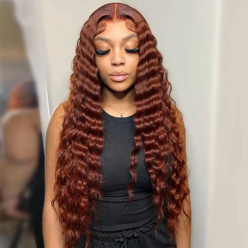 40 Inch Reddish Brown Loose Deep Wave Lace Front Wig Deep Curly Human Hair 360 Lace Frontal Wig Copper Red 5X5 Lace Closures Wig