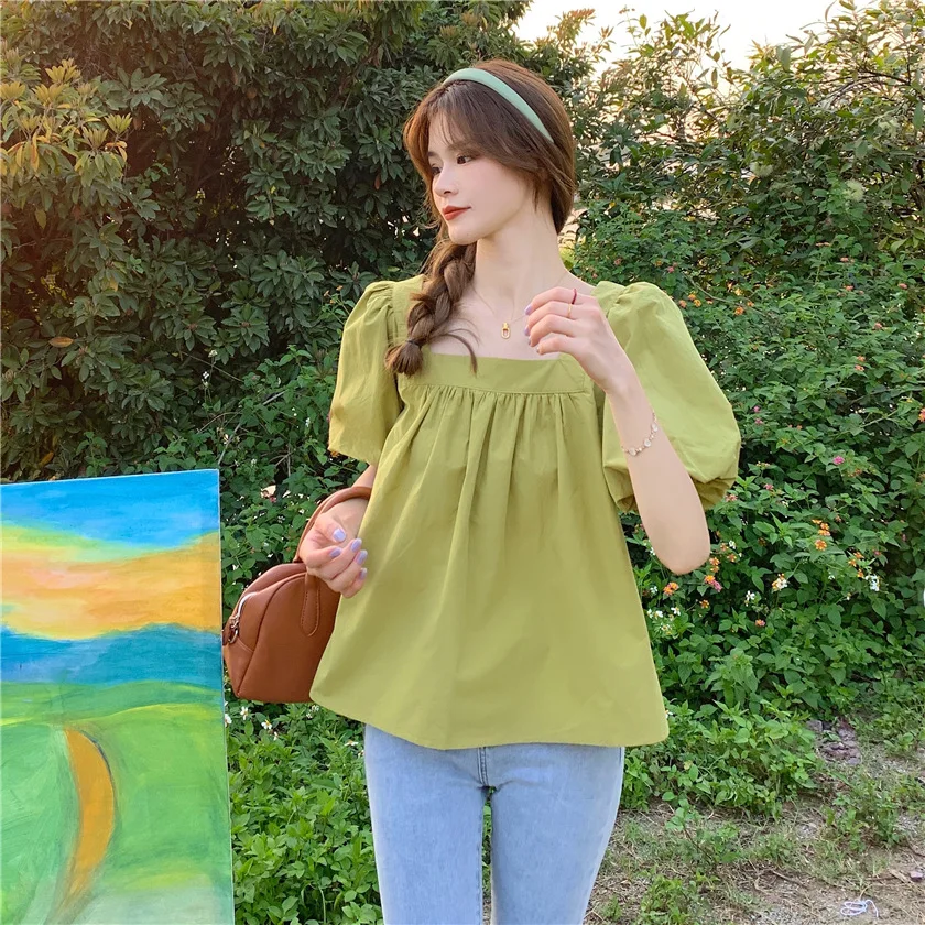 

Женская блузка с квадратным вырезом, свободная однотонная блузка во французском стиле с рукавами-фонариками, модель 2022 в Корейском стиле на...