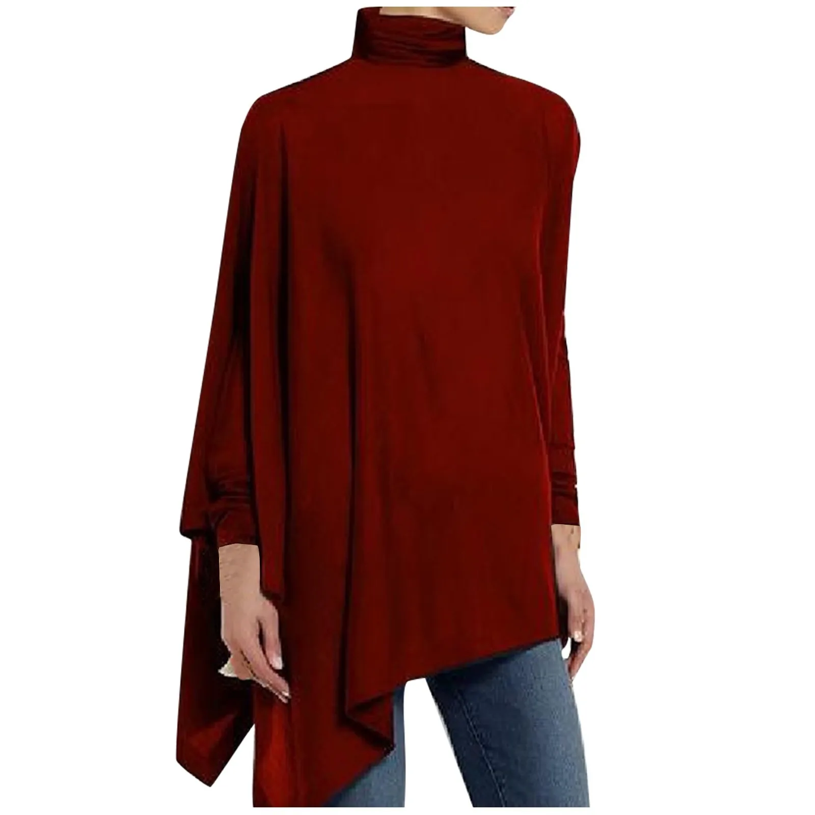 

Женская Однотонная футболка с длинным рукавом и асимметричным подолом, водолазка свободного кроя, винтажный пуловер, топы с длинным рукавом, весна и осень 4