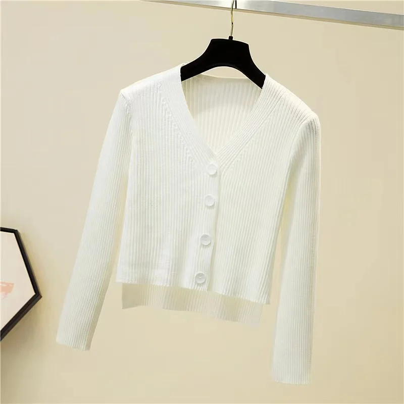 

Korean Version Fashion 2022 Autumn Knitted Cardigan Irregular Short V-neck Long-sleeved Button Cardigan Thin Top Sweater Coat