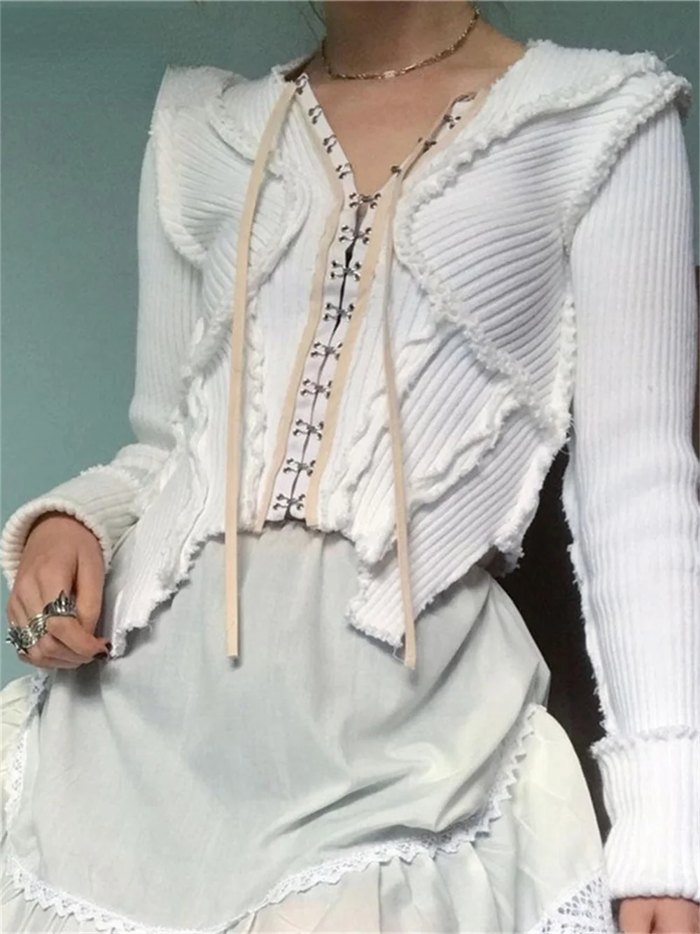 

Y2K Fairy Ribbed White Cardigans 2000s Aesthetics Egirl Button Up Drawstring Grunge Long Sleeve Knit Crop Jumpers Irregular Tops