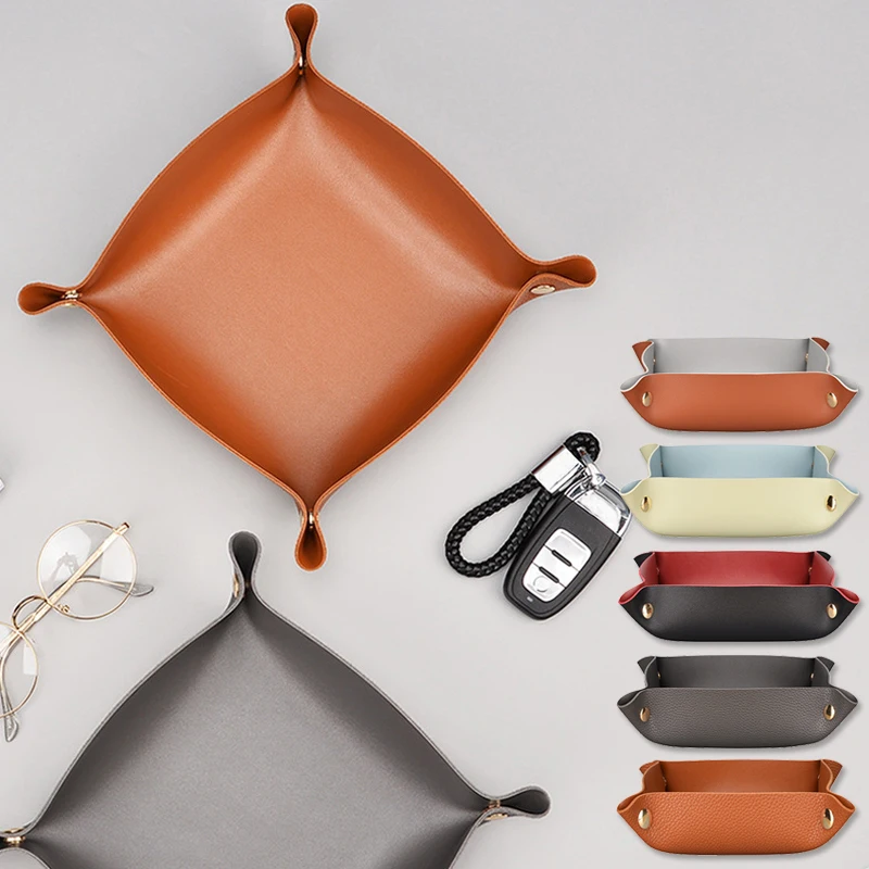 

Nordic Style Faux Leather Storage Tray Box Multi-purpose Snap Button Jewelry Cosmetic Key Plate Square Desktop Organization