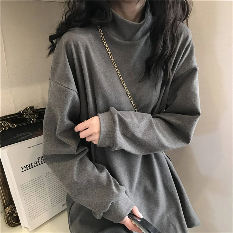 

autumn winter velvet turtleneck Long Sleeve solid T Shirt for Women Harajuku Casual oversize Thick warm bottoming T-shirt Female
