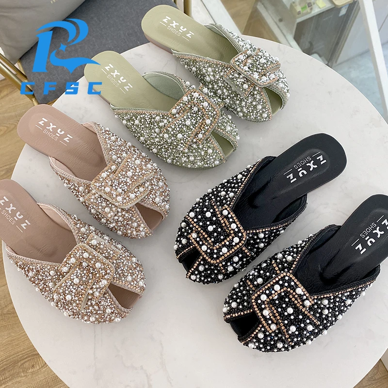 

Women's Shoes 2022 Fashion Beaded Rhinestone Slippers Flat Bottom Casual Sandals Spring Summer Outdoor Trend Ladies Slippers