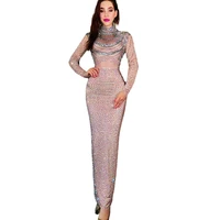 sparkling crystal dress spandex mesh ankle length half high collar hostess dress ladies formal dress party evening costume