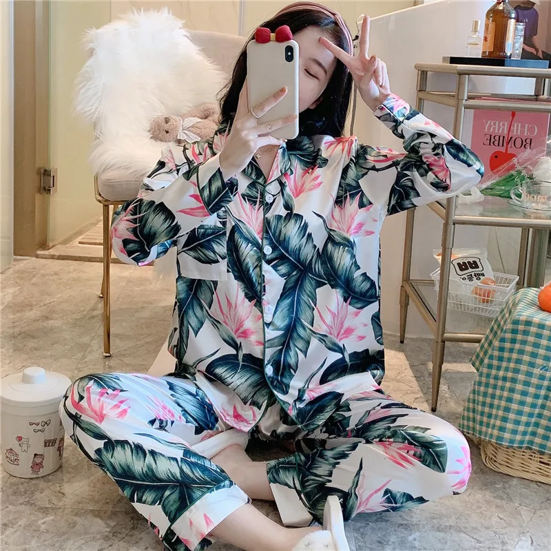 

3XL-8XL Plus Size Silk Pyjama Pour Femme Autumn Winter Long Sleeve Top and Pants Silk Pajama Sets for Women Casual Sleepwear