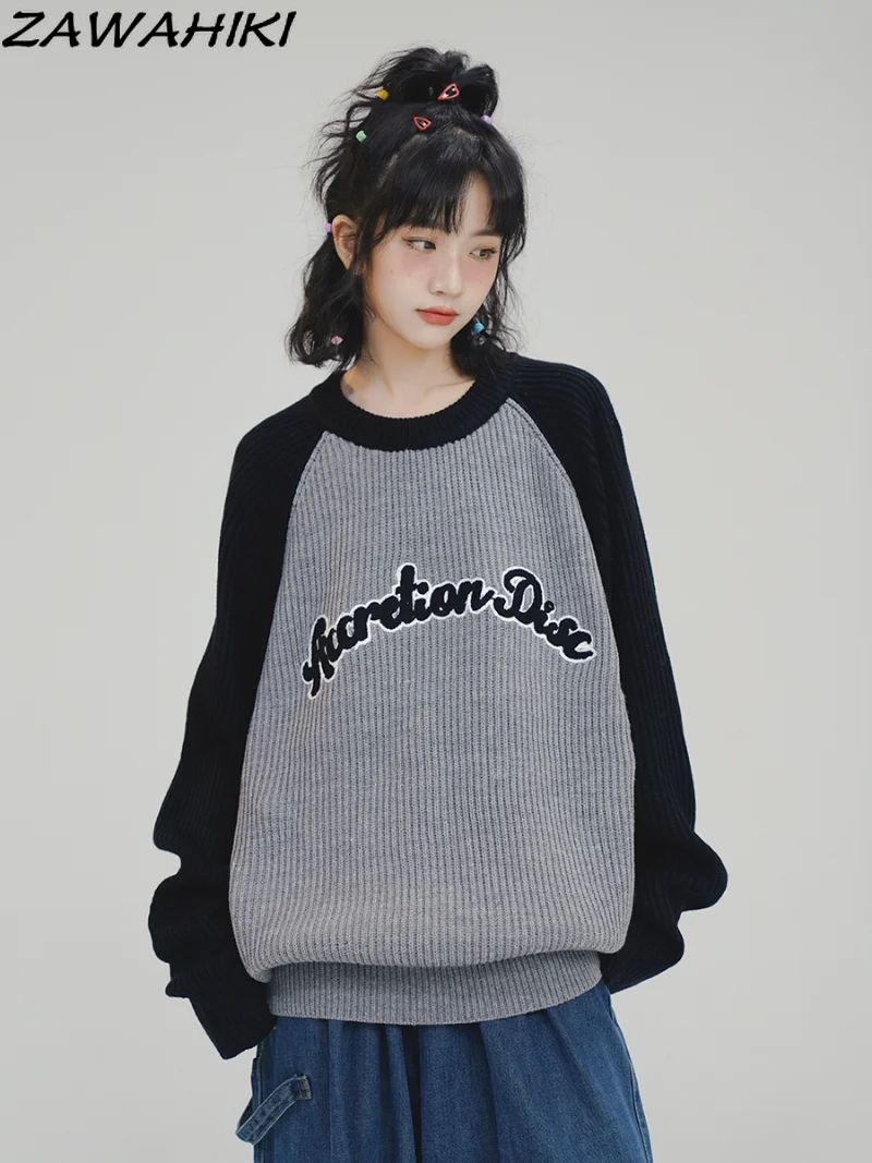 

Y2k Women Vintage Letter Print Sweaters Autumn Winter Casual Oversize Long Sleeve Knitted Sweater Hip Hop Loose Pullovers Tops