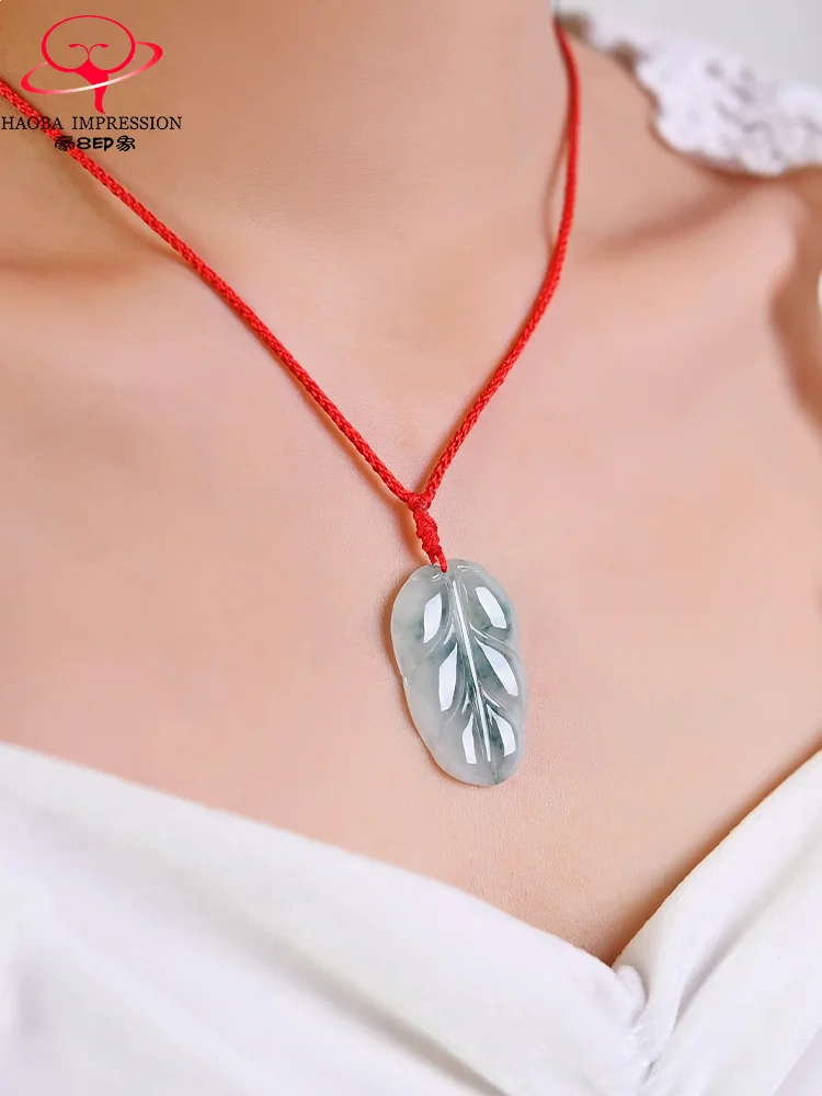 Hao8 Hot0f New Jade Leaf Pendant Natural a Goods Burmese Ice Floating Flower with Certificate