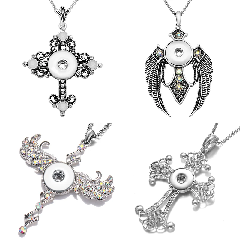 

Hot Vintage Fashion Rhinestone Wings Cross Faith Christian Snap Necklace Pendant fit 18mm snap buttons DIY snap jewelry Gift