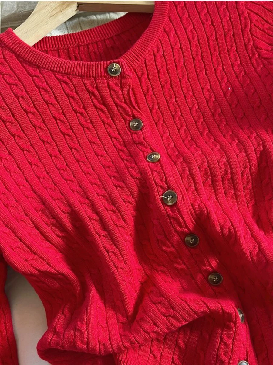 Новый красный вязаный свитер с цветочным принтом кардиган круглым вырезом