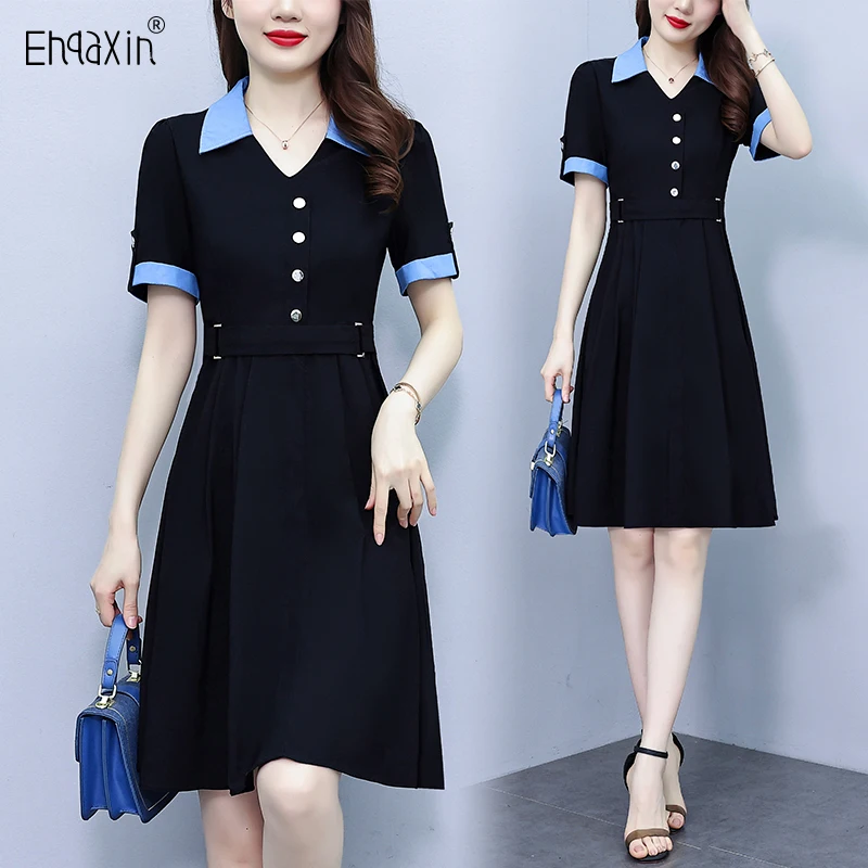 EHQAXIN Fashion New Women's Dress 2023 Summer Casual Splice Sweet Short Sleeve Button Loose Dresses For Ladies L-5XL