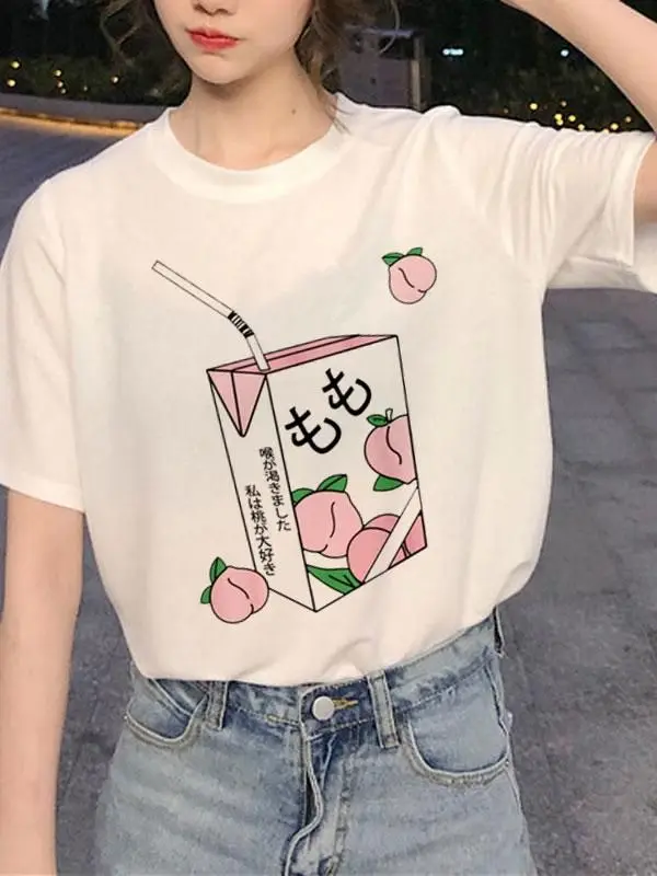 

Peach Juice Japanese Aesthetic Women T Shirt 90s Young Ladies Graphic Tees Korean Kawaii Pink Tumblr Tops Summer Ropa De Mujer