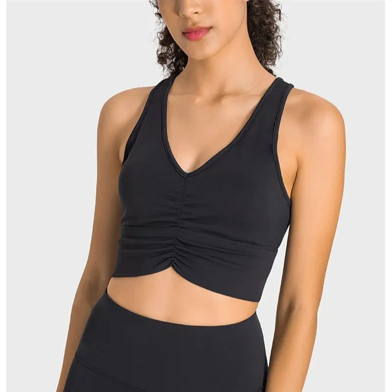 Solid Color Round Neck Fitness Bra Forward Wrinkle Sports Tank Top Women Yoga Underwear Tight Shockproof Support With Chest Pad