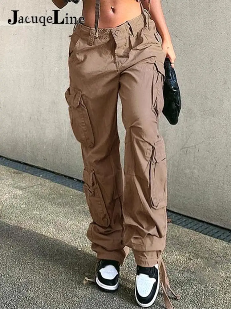 

Jacuqeline 2022 Korean Fashion Y2K Cargo Pants Women Low Rise Pockets Jeans Vintage Street Baggy Denim Straight Trouser Spring