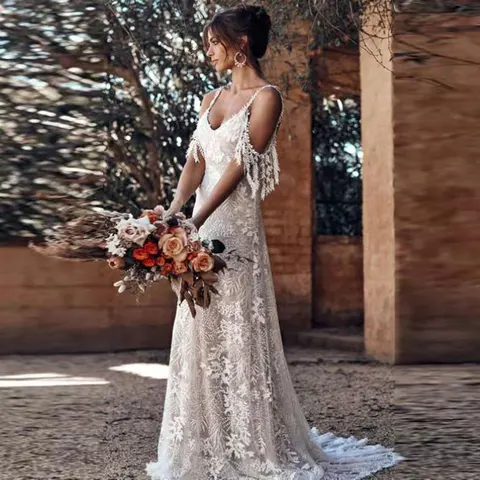 New Style Boho Lace Wedding Dresses V-neck Spaghetti Straps Long Gowns A-line Sweep Train Vestido De Novia 2022 Boda Elegante