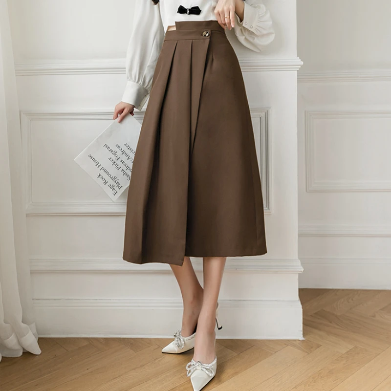 

New Spring Autumn Women Skirt Fashion Button High Waist Pleated Long Skirts Office Ladies Elegant Irregular Midi Skirts