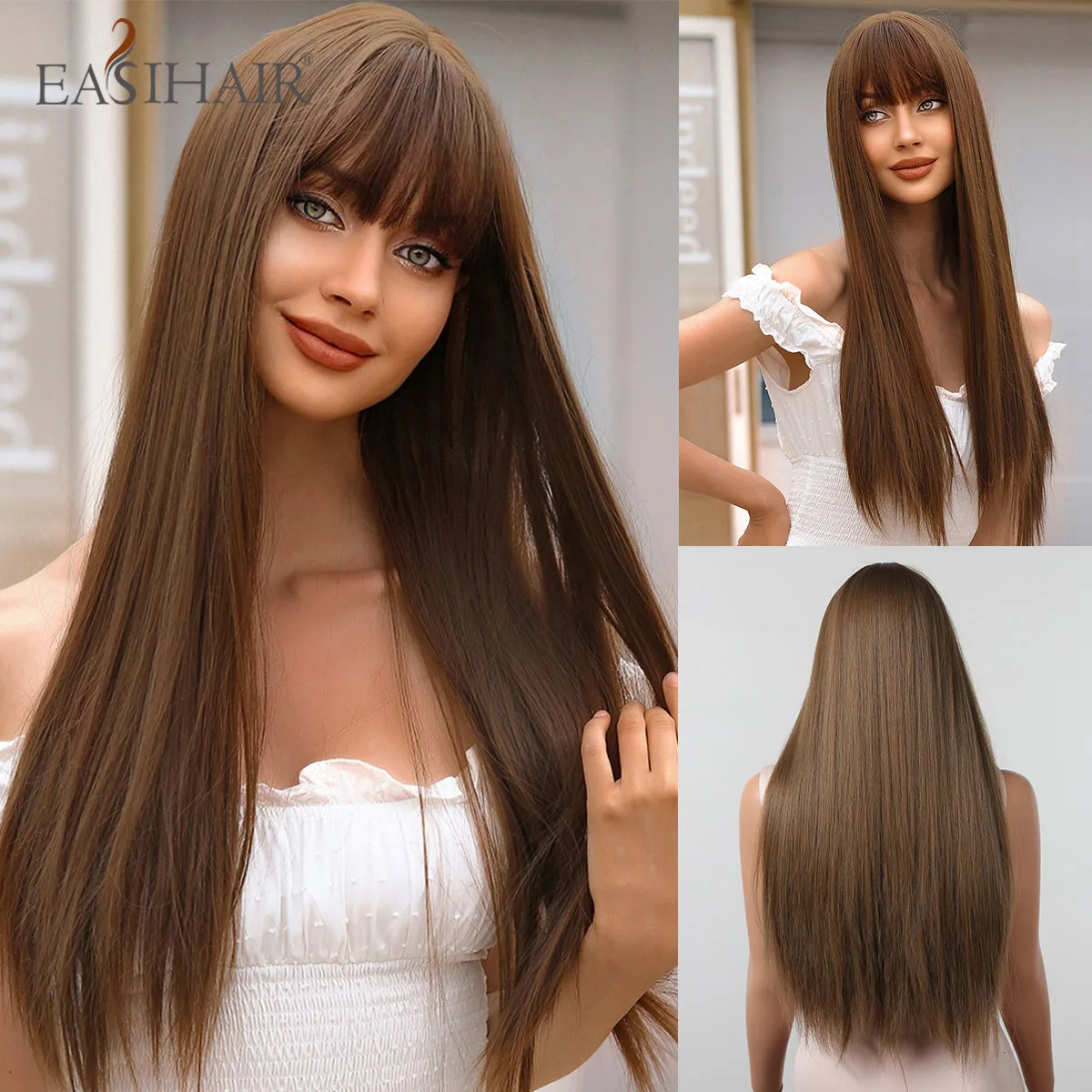 EASIHAIR длинные прямые коричневые синтетические парики женский парик из натуральных волос с челкой Жаростойкие повседневные Cosaply волосы для женщин