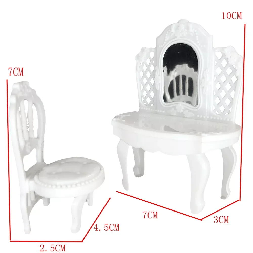 

1 Set Mini Doll Furniture Mini Chair+ White Dresser Mirror Dest For Barbie Doll Kelly 1:12 Doll Dollhouse Accessories 2X