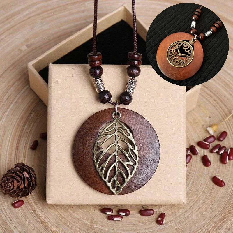 

Vintage Round Wooden Leaf creative new long necklace Leaf Pendant Ethnic style wooden alloy sweater chain Long Necklace