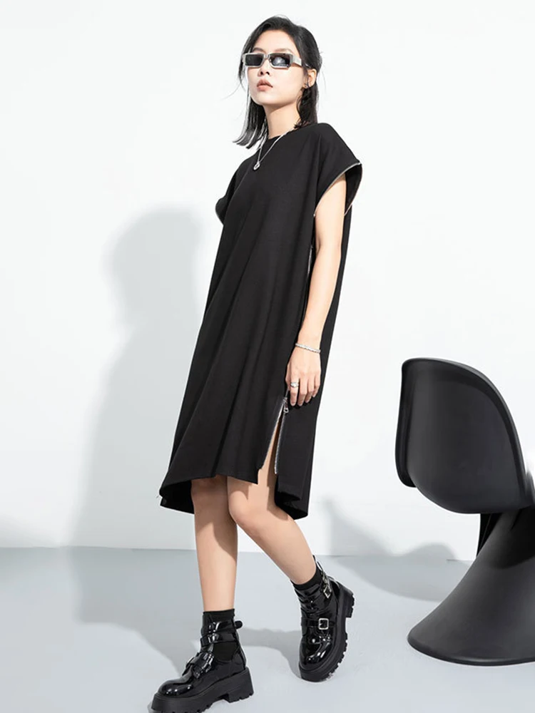 [EAM] Женское черное повседневное мини-платье на молнии неправильной формы