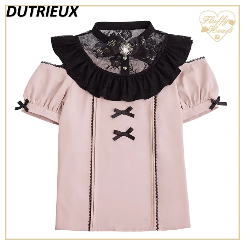 

2023 Summer Womne's Tops Japanese Style Girl Tojita Elegant Blouse Lace Stitching Short Sleeve Off-Shoulder Shirt Blusas Female