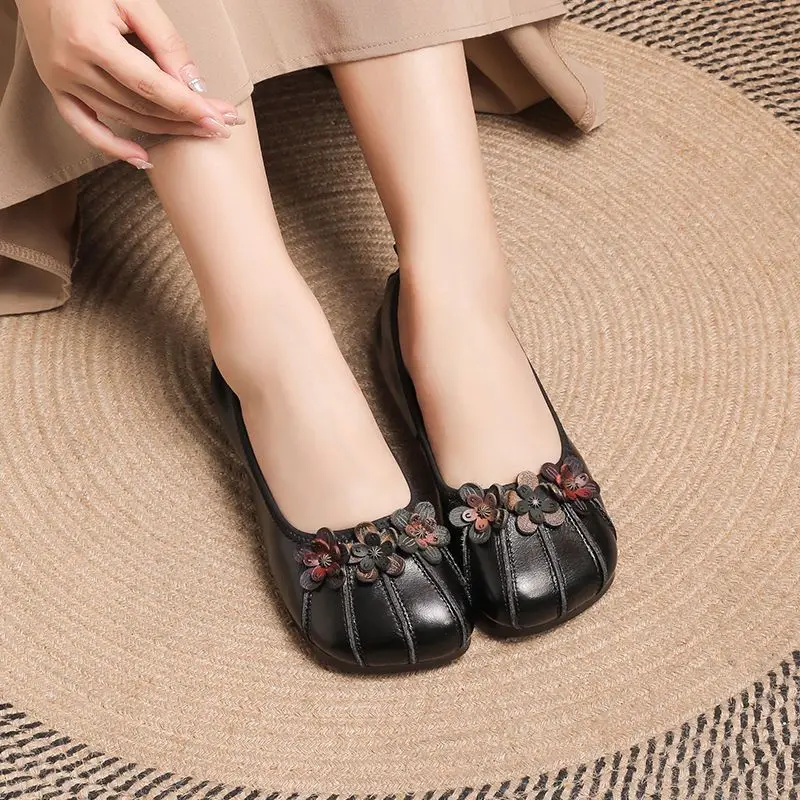 2023 Vintage Floral Ballet Flats Women's Genuine Leather Shallow Shoes Mom Driving Loafers Ladies Retro Cozy Green Moccasins