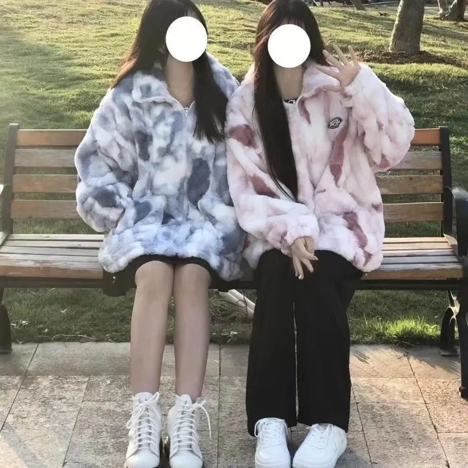Winter Couple Jacket Women Korean Large Coat Warm Tie Dye Men Streetwear Loose Thick Hooded Clothing