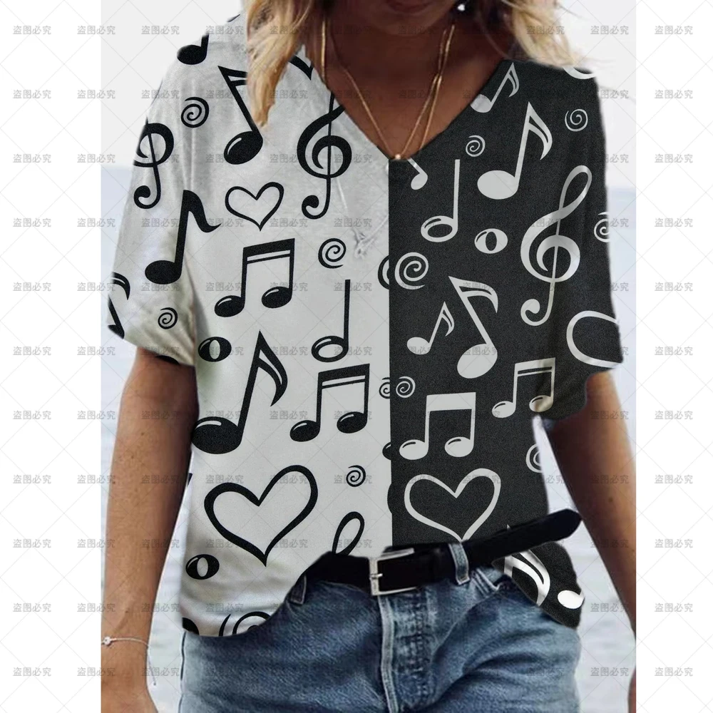 

New Fashion Women Musical Note graphic Print Women Letter Casual T-shirt Women's Tees Short Sleeve V-neck Femme t shirt XXS-5XL