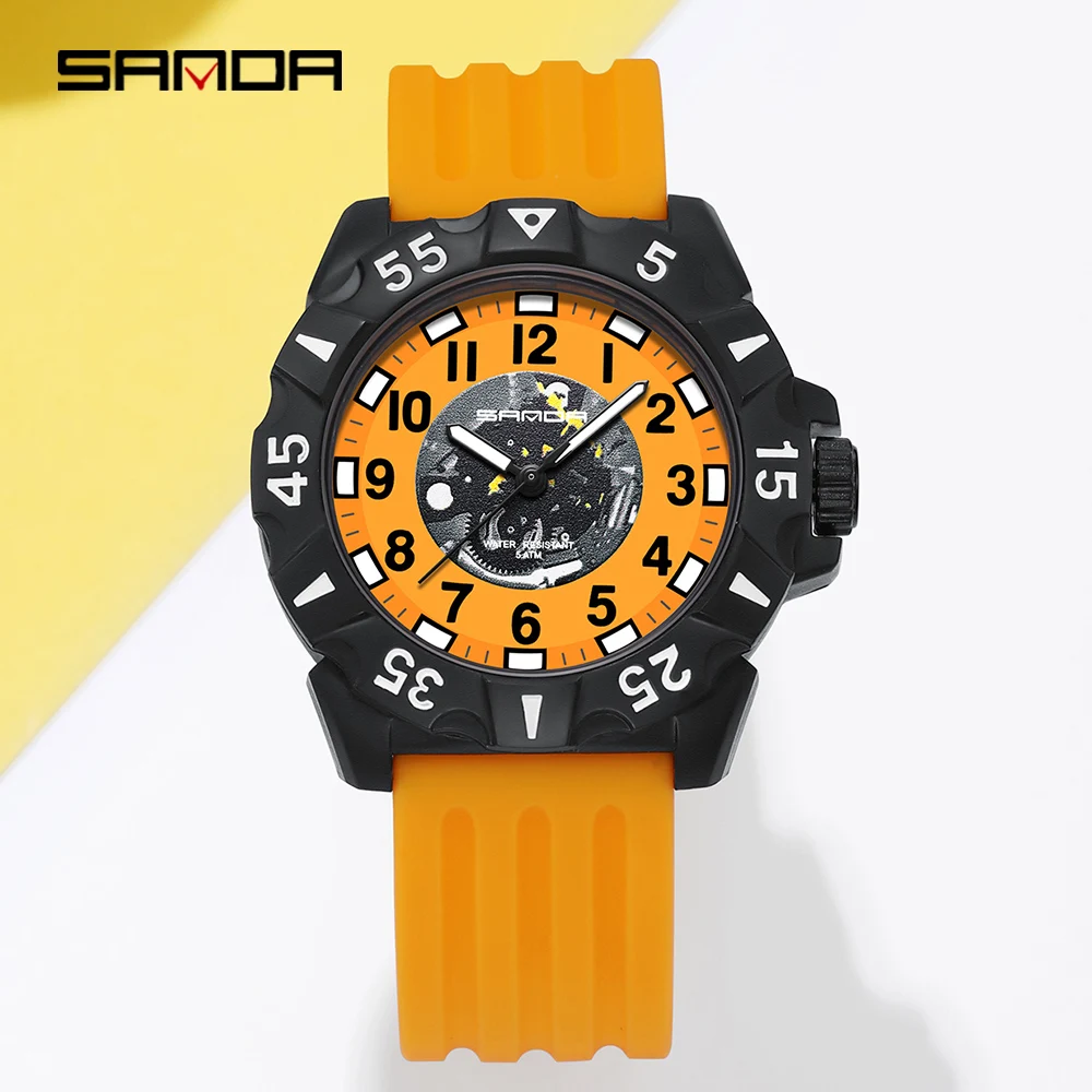 

Silicone Strap Men's Watch 2022 Sanda Brand Sport Wrsitwatch Orange Dial Waterproof Quartz Colck часы мужские наручные