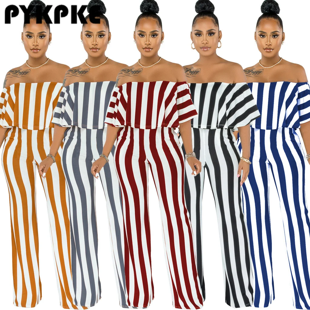 

Women Slash Neck Off Shoulder Striped Straight Jumpsuits Sexy Streetwear Jumpsuit